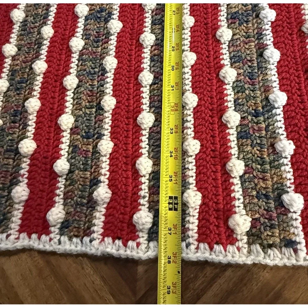 Hand Knit Blanket Throw Bobble Stitch  Stripe‎ Multicolor 2 Corner Ties 37x38